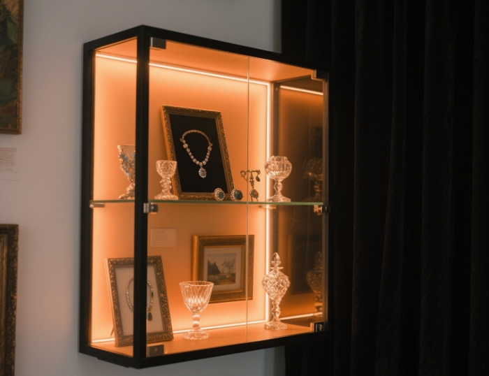 A shelf displaying collectibles with warm lighting