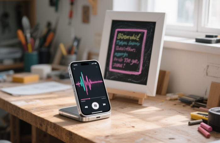 A smartphone playing a voice recording next to a framed message
