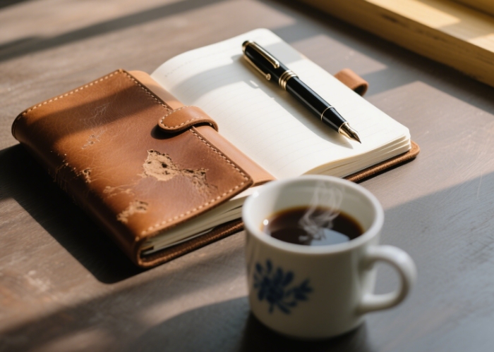  A styled shot of a journal, pen, and coffee cup