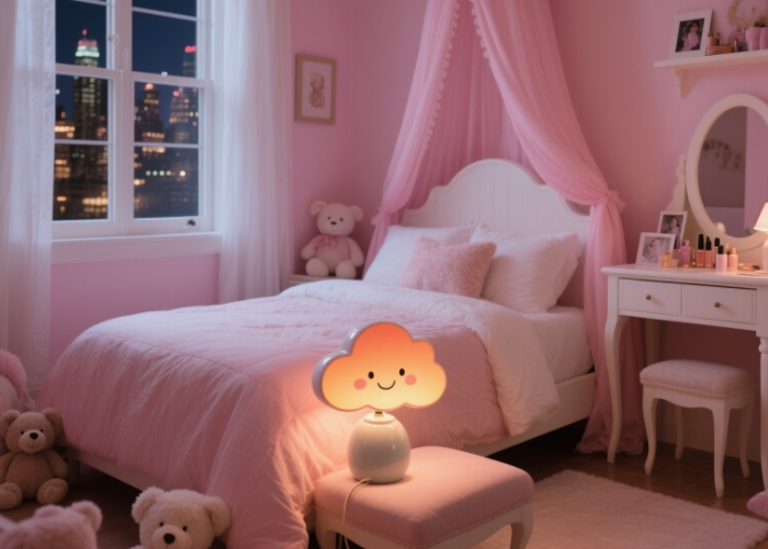 A sunset lamp casting warm orange light in a dimly lit bedroom