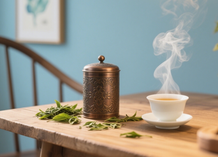 A tea canister surrounded by loose-leaf tea and a steaming cup