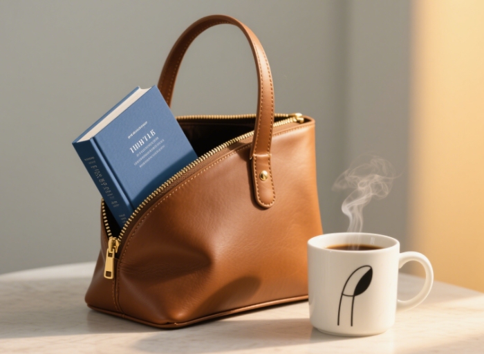 A tote bag with books and a coffee cup inside.