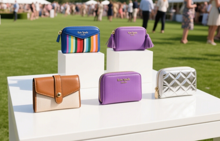 A variety of Kate Spade wallets on display, highlighting their colors and designs