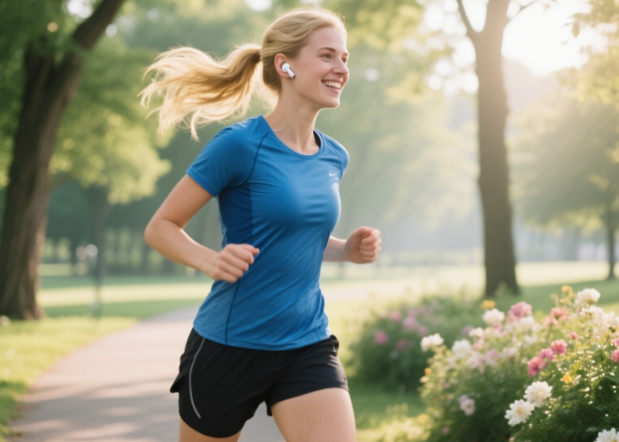 A woman jogging in the morning wearing wireless headphones