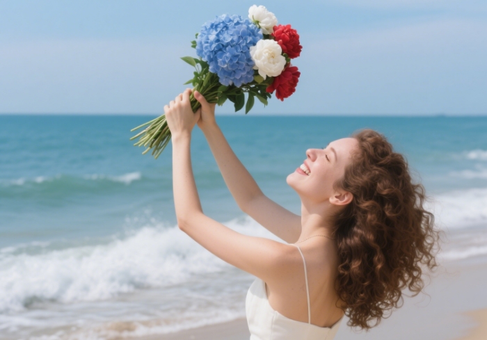 A woman smiling while holding a vibrant flower arrangement