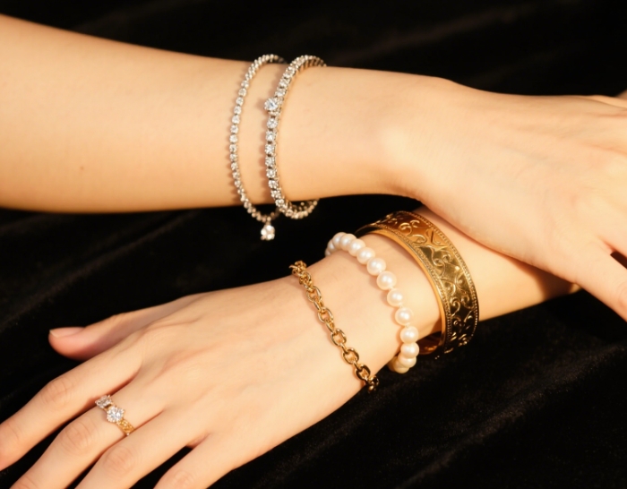 A wrist shot of the bracelet layered with other delicate chains