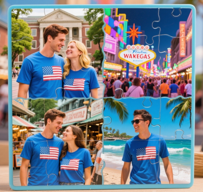 An American couple wearing the same T-shirts took photos in different places to make a puzzle