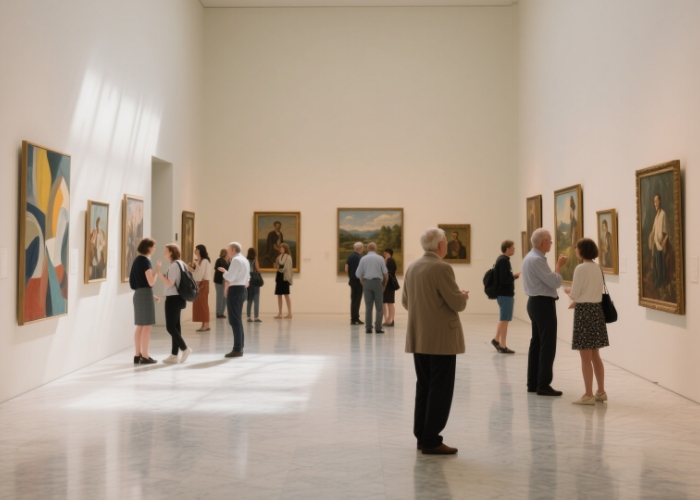 An artsy gallery interior with visitors