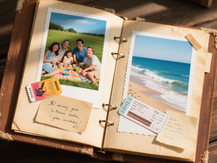 An open scrapbook filled with photos, ticket stubs and handwritten notes