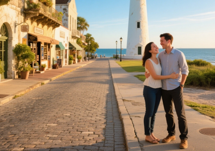 Augustine or a couple taking a photo in front of the lighthouse