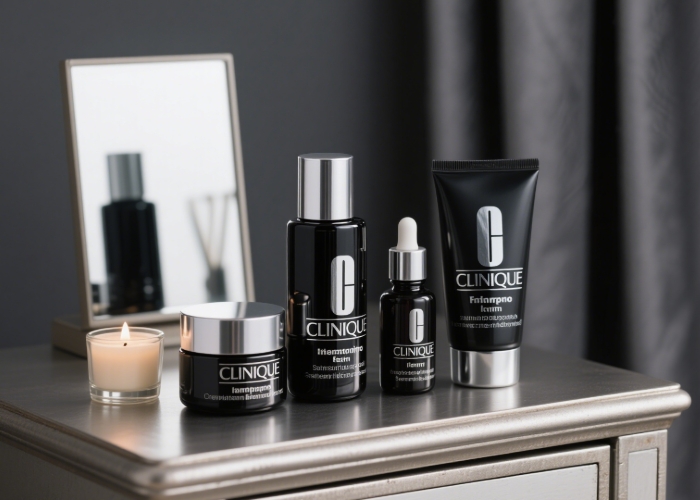 Clinique skin care sets are placed on the dressing table