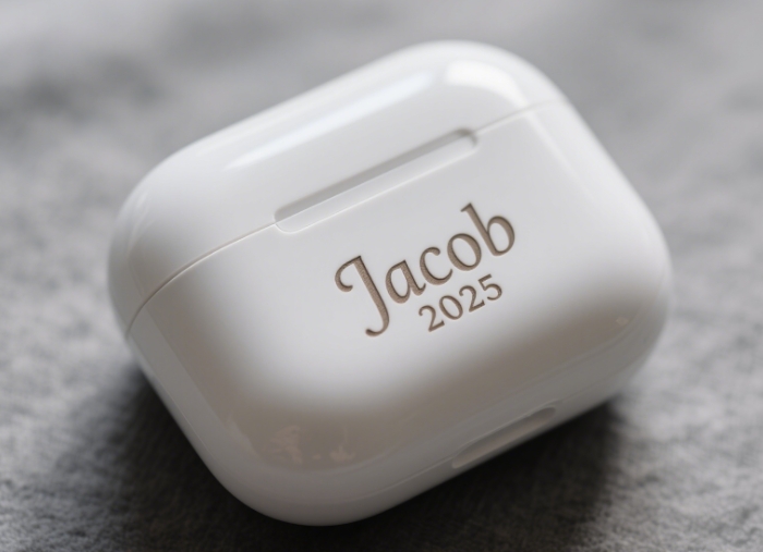 Close-up of AirPods Pro engraved with the graduates' names and years