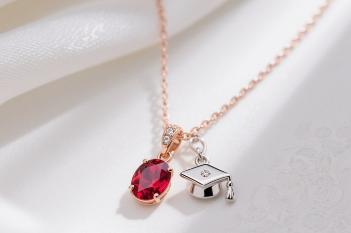 Close-up of a delicate birthstone necklace with a graduation cap pendant