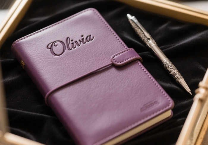 Close-up of a leather diary with a name engraved on it and a fountain pen next to it