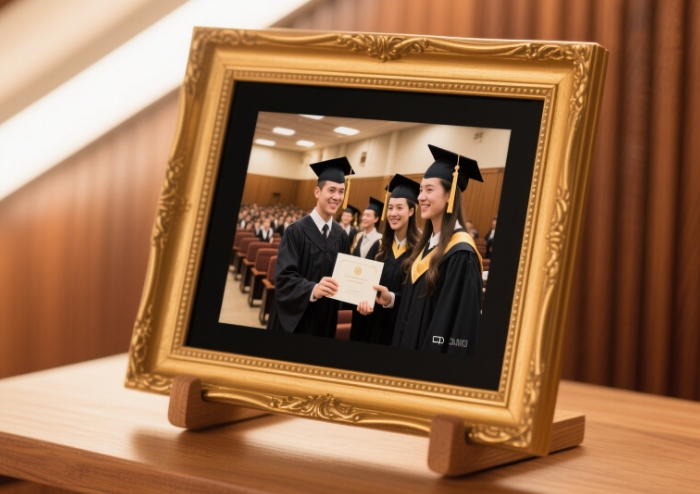 Close-up of graduation photos played on digital photo frame
