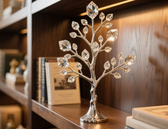 Close-up of the tree with crystals, placed on a cozy bookshelf