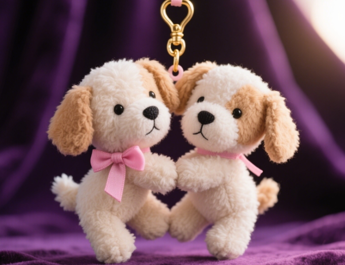 Close-up of two puppy pendants sticking together to form a heart