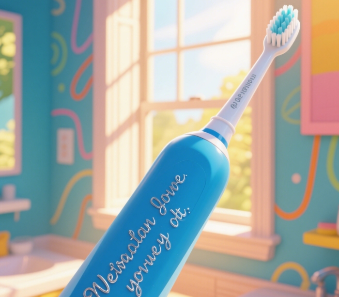 Close - up shot of an electric toothbrush, showing the details of the engraving