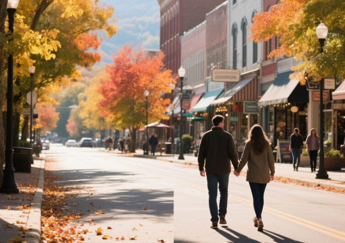 Couple strolling in downtown Asheville
