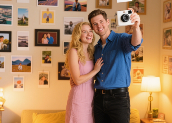 Couple taking selfie with Polaroid camera