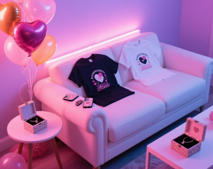 Custom Couple T-Shirts、Heart-Shaped Balloon Decor、Couple Phone Cases、Handcrafted Jewelry Box