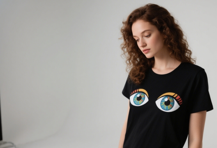 Display a T - shirt with a close - up of a pair of big eyes on the front