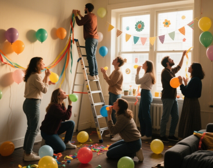 Friends decorating a party room with balloons and streamers