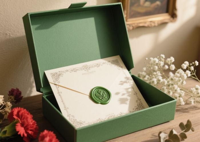 Gift box decorated with vintage letter paper, wax seal and dried flowers