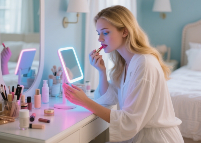 Girls use LED makeup mirror to put on makeup