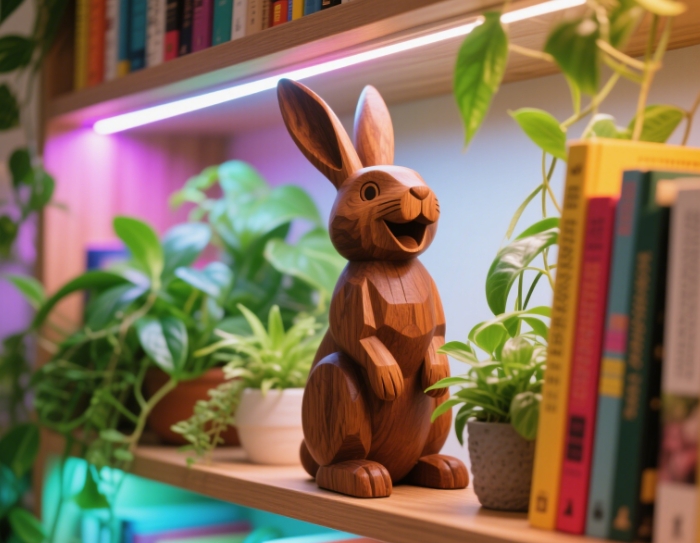 Hand-carved wood rabbit ornaments, placed on bookshelves or desks