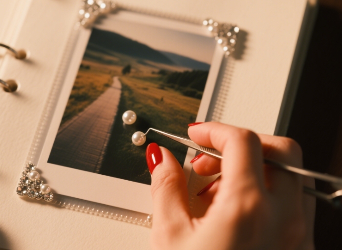 Hands crafting a scrapbook with photos