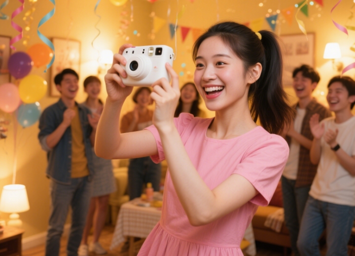 Happy scene of girls taking photos with Polaroid camera