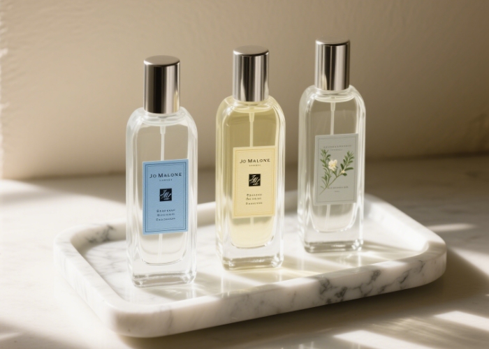 Jo Malone bottles lined up on a marble tray