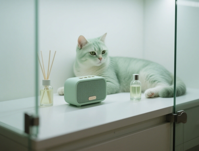 Light green cat aromatherapy speaker with soft lighting and aromatherapy essential oil bottle next to it