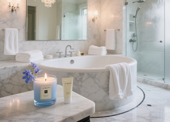 Luxury bathroom setting with Jo Malone diffuser