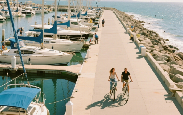Marina del Rey's yacht marina or couples biking along the seaside trail