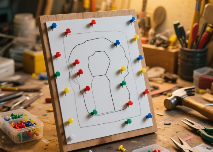 Part of an unfinished pushpin painting with background tools and colored pushpins
