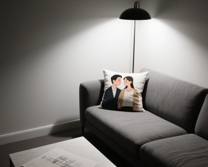 Physical photos of the couple's pillow, with a hand-drawn design draft placed beside it for comparison