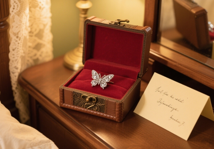Place a brooch in a vintage jewelry box and pair it with a handwritten card.