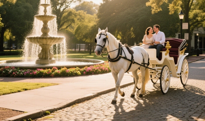 Savannah's cobblestone streets, the Forsyth Park fountain or a couple's horse-drawn carriage ride
