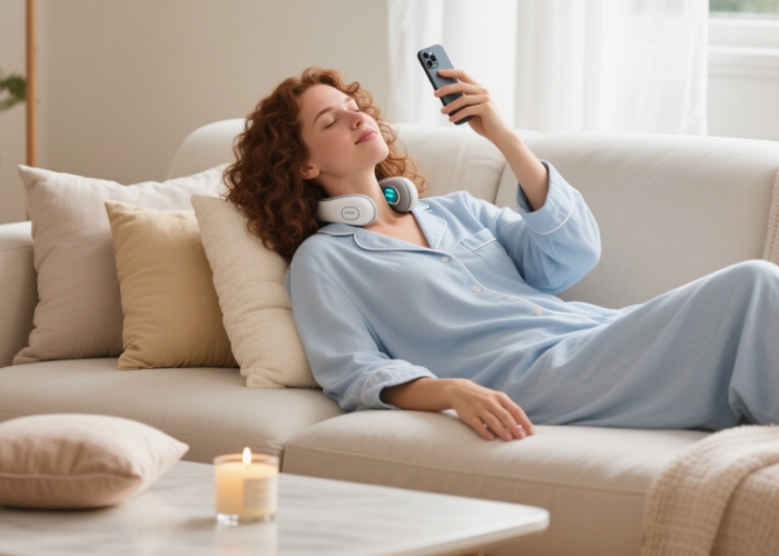 Scene of a girl using a neck massager
