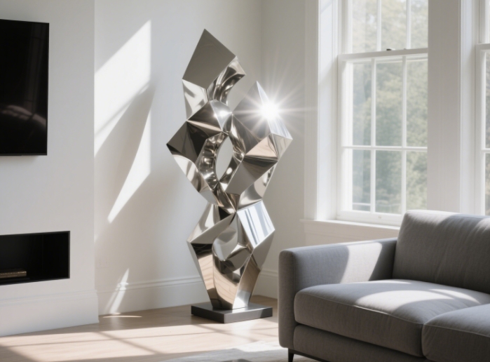 Sculpture catching light near a window, emphasizing its facets