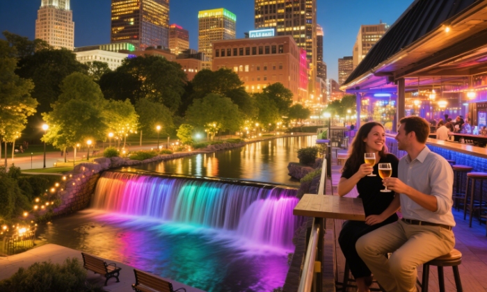 Showing the night view of downtown Greenville, with a couple toasting at a rooftop bar