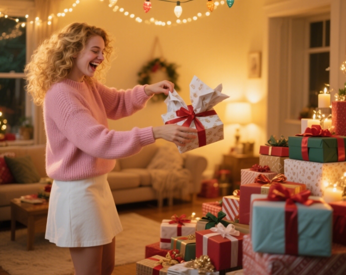 Smiling young woman opening a present with warm lights and gift boxes in the background