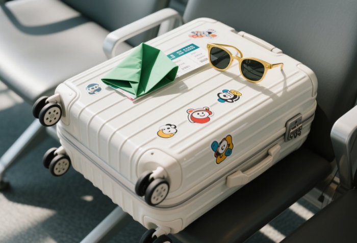 Suitcase with travel tickets and sunglasses