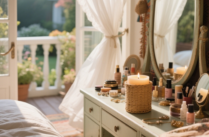 The Rattan candle in a bohemian-style bedroom