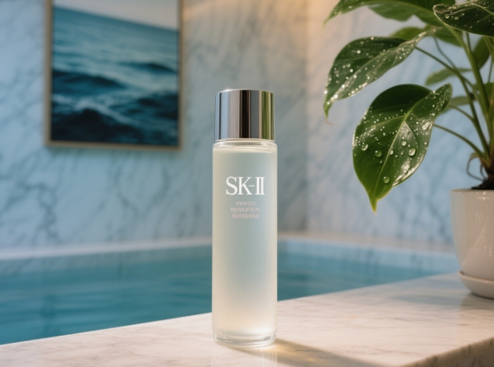 The SK-II bottle with a spa-like backdrop