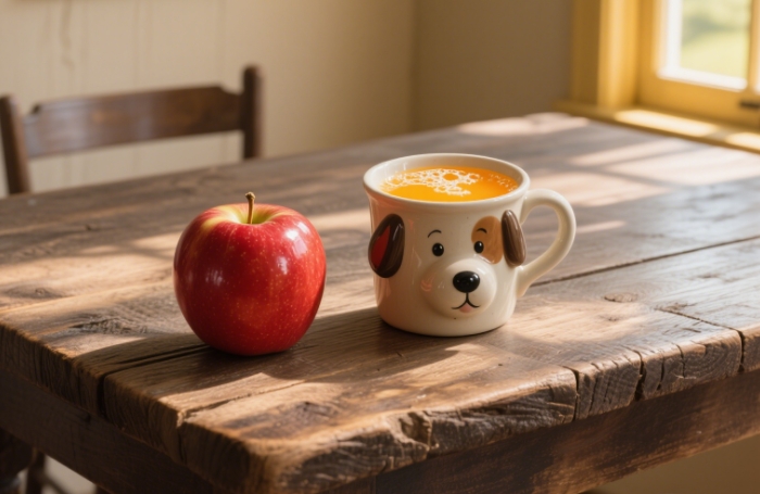 The apple-and-dog cup placed on a rustic wooden table with a drink inside