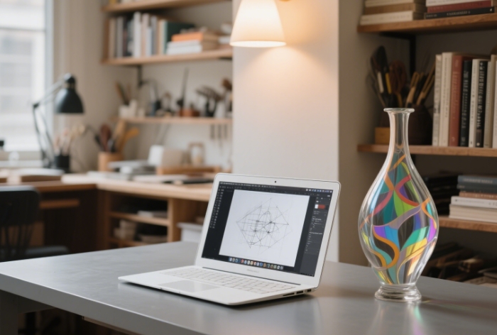 The art piece styled on a minimalist desk with a laptop