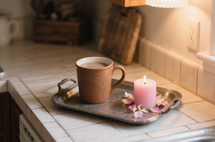 The candle next to a mug on a rustic tray